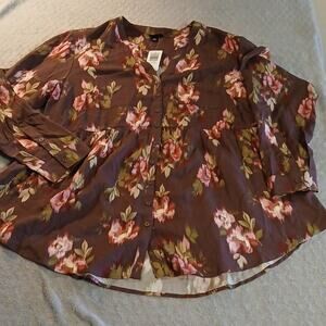 Torrid 1X Floral Tunic Blouse V-Neck Button Front Pockets 3/4 Sleeve